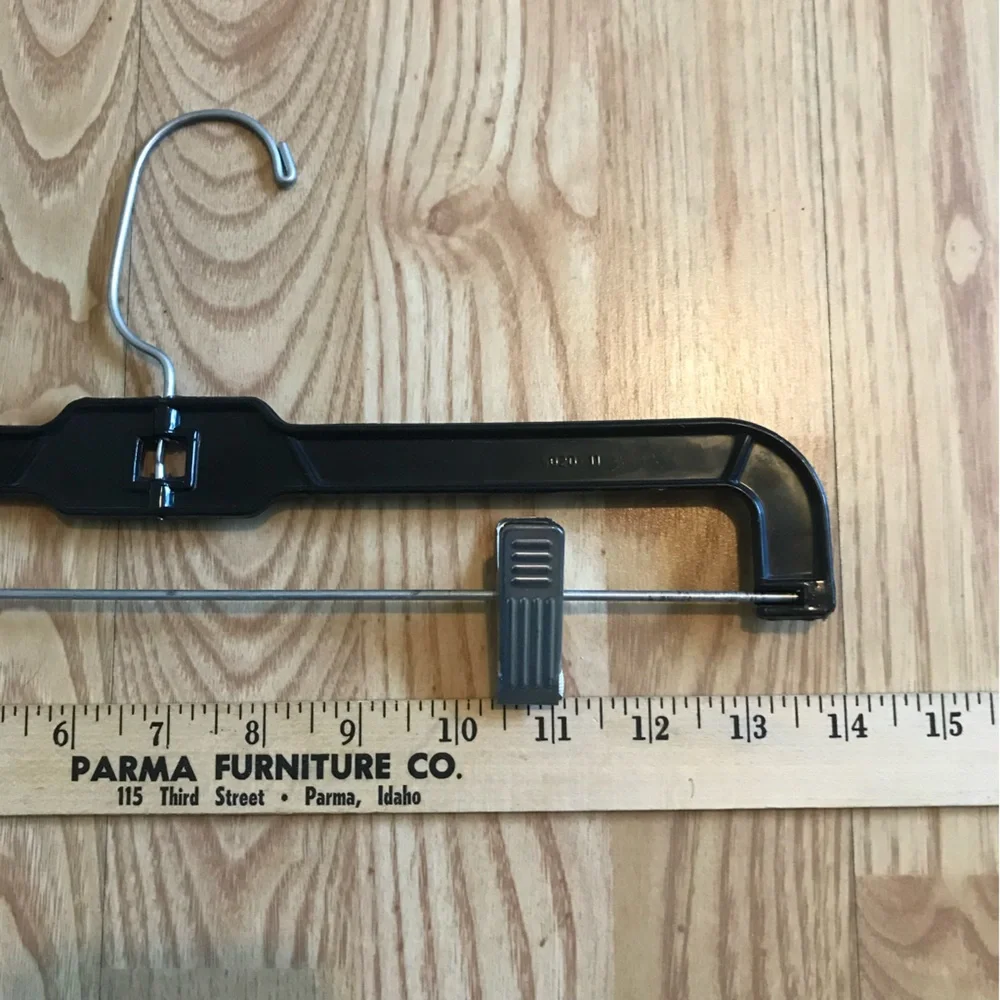 Black Plastic Hangers w/Clips. Set of 11. 14” long. For Skirts, Pants, Slacks.